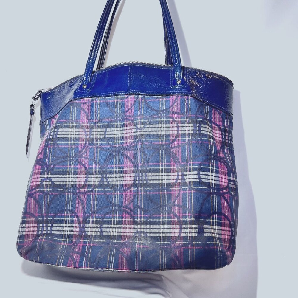 Coach Tote-Plaid-Navy Blue/Pink Mix-G1273-F20109-Large Purse-1 Zip Closure-Light - Picture 11 of 16